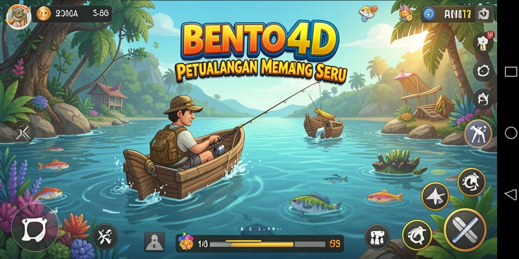 Tampilan gameplay BENTO4D dengan karakter memancing di danau.