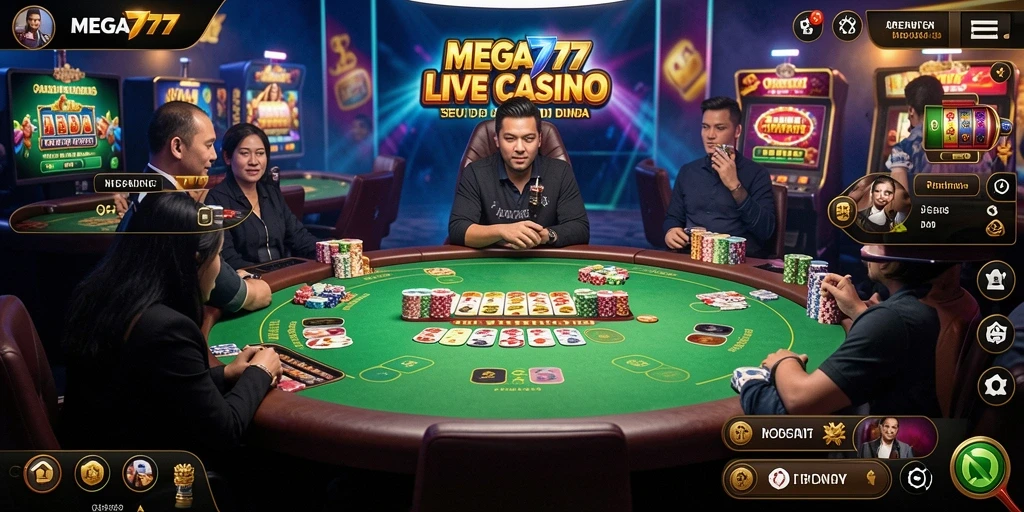 Screenshot gameplay MEGA777 menampilkan dealer langsung yang ramah dan interaksi pemain.